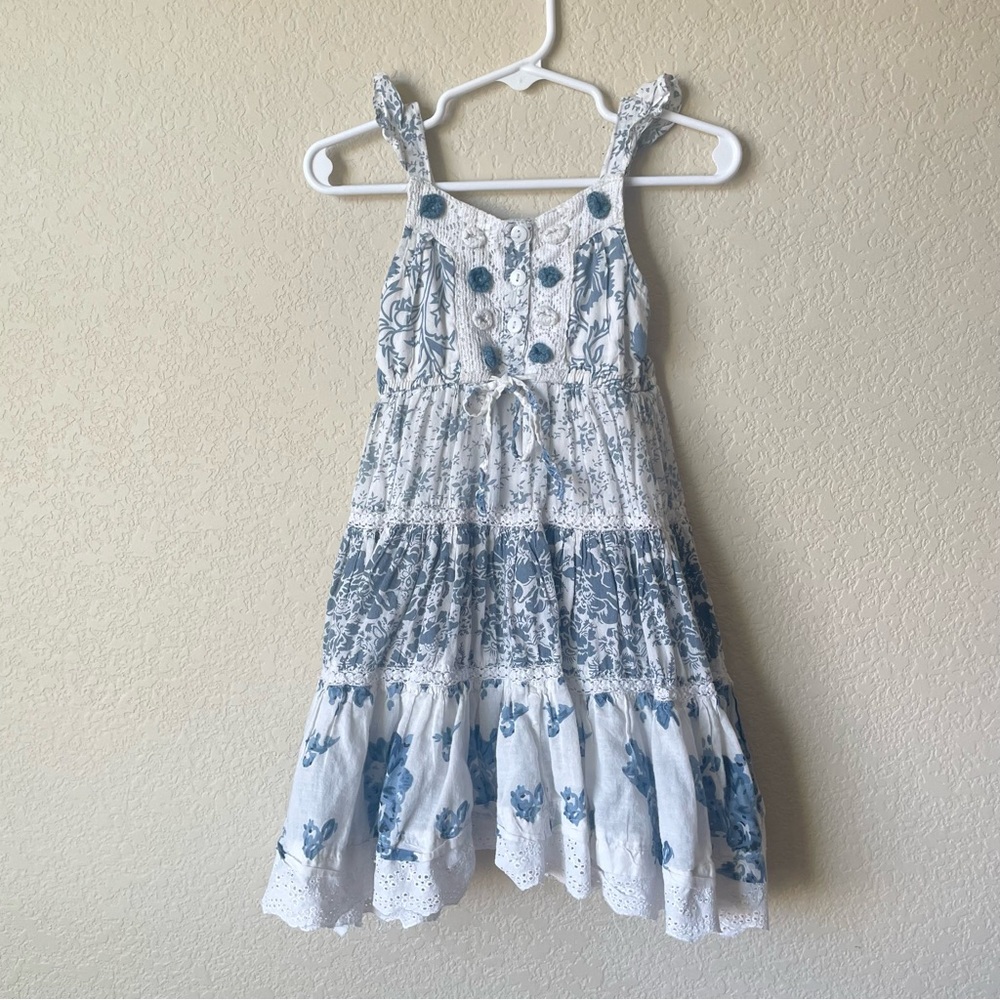Cutey couture Blue and White Floral Kids Lined Dress, Size 2-3 years